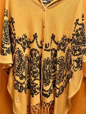 Jon & Anna Mustard Yellow and Black Button-Front Fringe Knit Poncho
